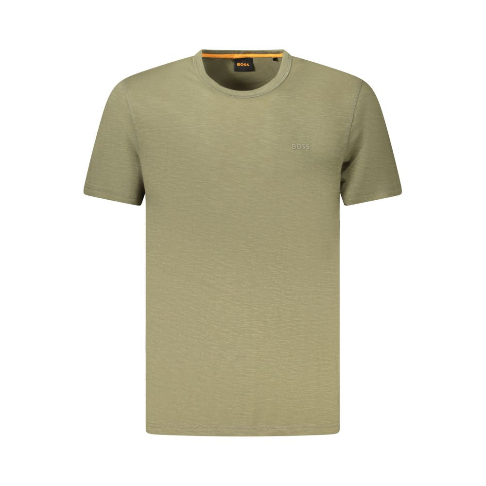 Hugo Boss Green Cotton Men T-Shirt with crew neck and subtle logo, short-sleeve design showcasing premium craftsmanship.