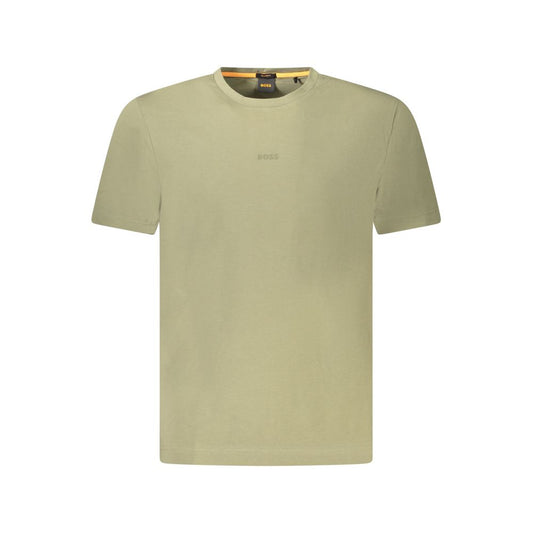 Hugo Boss Green Cotton Men TShirt with short sleeves, crafted from organic cotton blend, featuring a crew neck and signature logo.