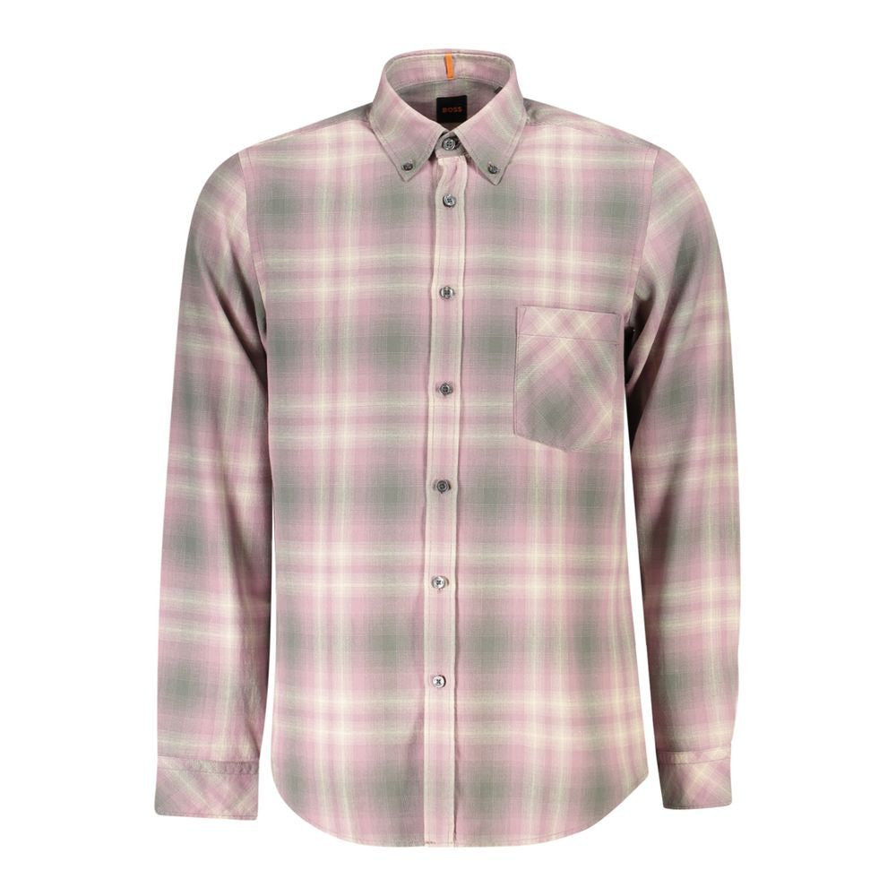 Hugo Boss Pink Cotton Men Shirt with long sleeves, classic button-down collar, and single-button cuffs. Features distinct branded buttons.