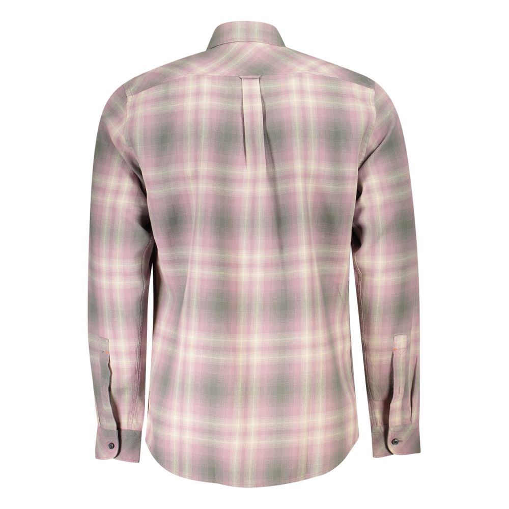 Back view of Hugo Boss Pink Cotton Men Shirt, showcasing plaid pattern and long sleeves for stylish elegance.