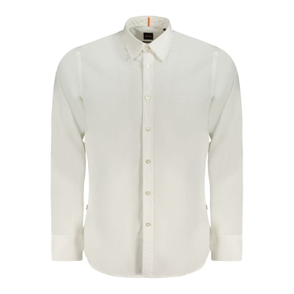 Hugo Boss White Cotton Men Shirt with Italian collar and subtle logo embroidery, tailored for a modern silhouette with 1-button cuffs.