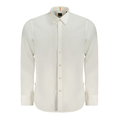 Hugo Boss White Cotton Men Shirt with Italian collar and subtle logo embroidery, tailored for a modern silhouette with 1-button cuffs.