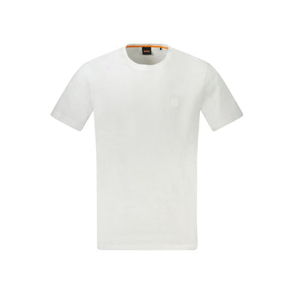 Hugo Boss White Cotton Men T-Shirt with short sleeves, classic crew neck, bold embroidery, and striking logo for contemporary fashion.