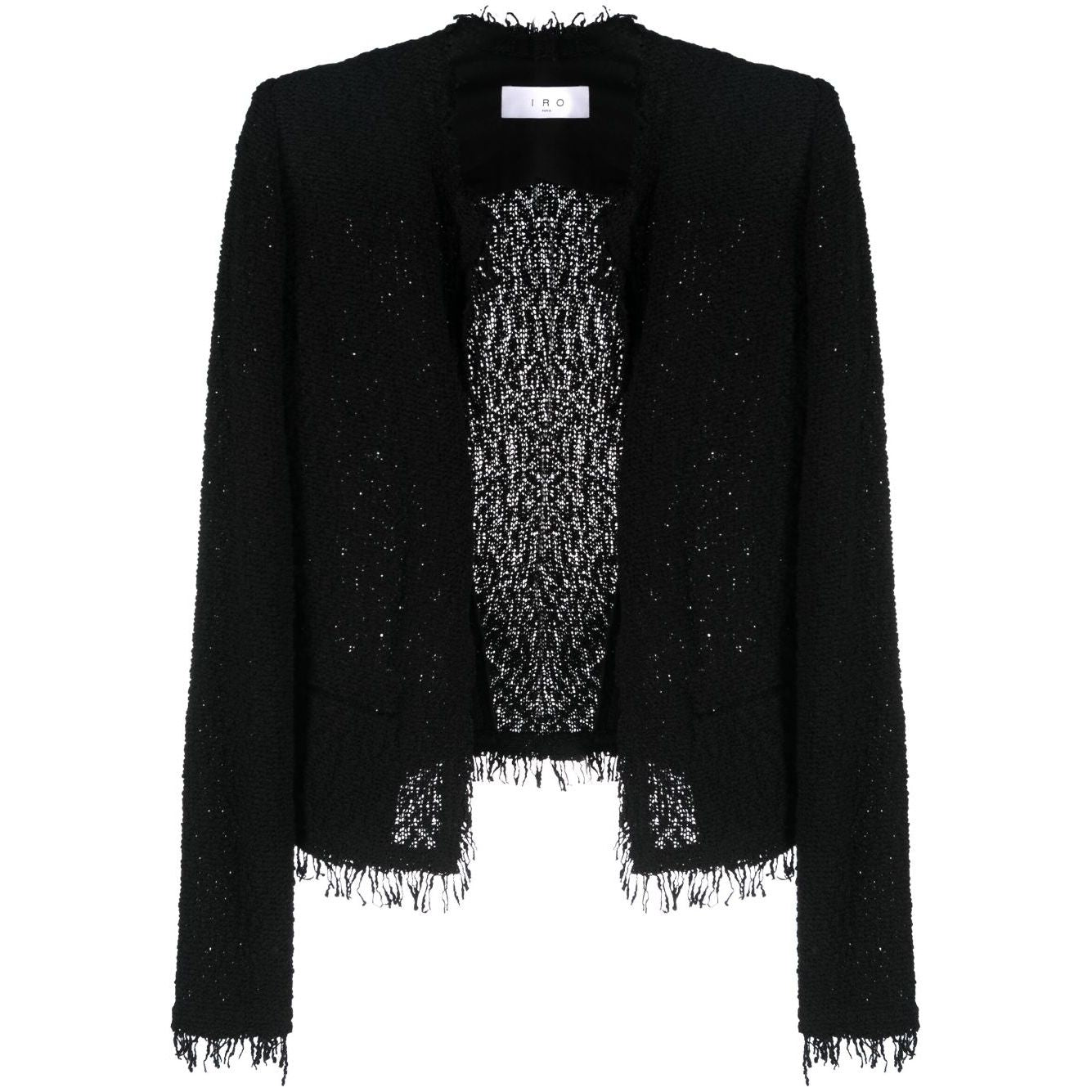 Iro Jackets Black cotton blend jacket with textured finish, fringe detailing, round neck, open front, long sleeves, and welt pockets.