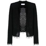 Iro Jackets Black cotton blend jacket with textured finish, fringe detailing, round neck, open front, long sleeves, and welt pockets.