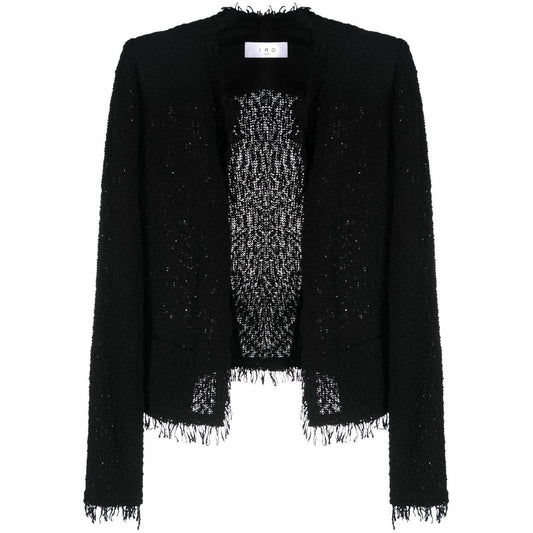 Iro Jackets Black cotton blend jacket with textured finish, fringe detailing, round neck, open front, long sleeves, and welt pockets.