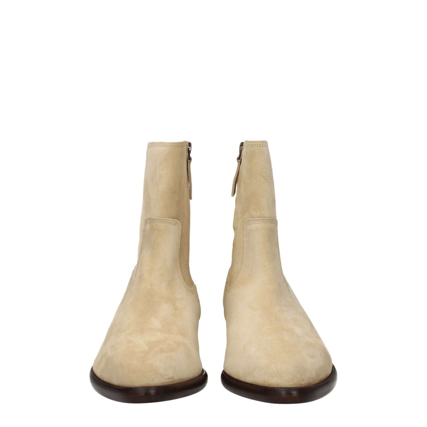 Isabel Marant Beige Leather Ankle Boots with suede material, pointy toe, and mid heels featuring zip closure.