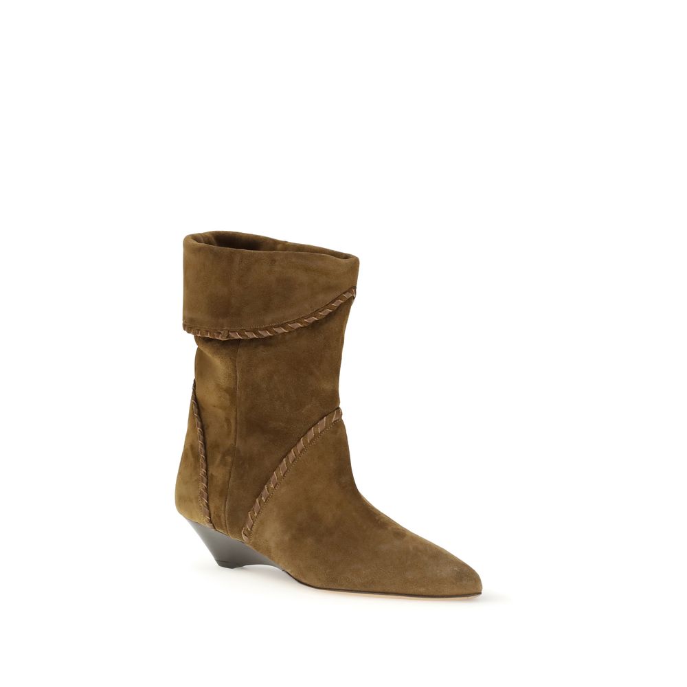 Isabel Marant Brown Calf Leather Bos Taurus Flat Boots with cuffed suede upper and woven trim, pointed toe design and platform heel.