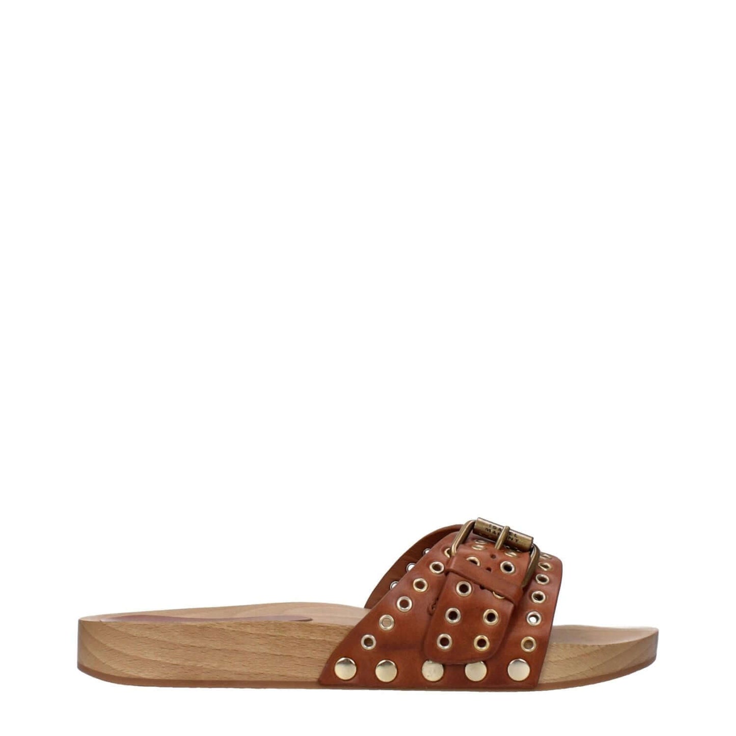 Isabel Marant Brown Leather Slippers with buckle closure and open toe design, featuring a casual style and rubber sole.