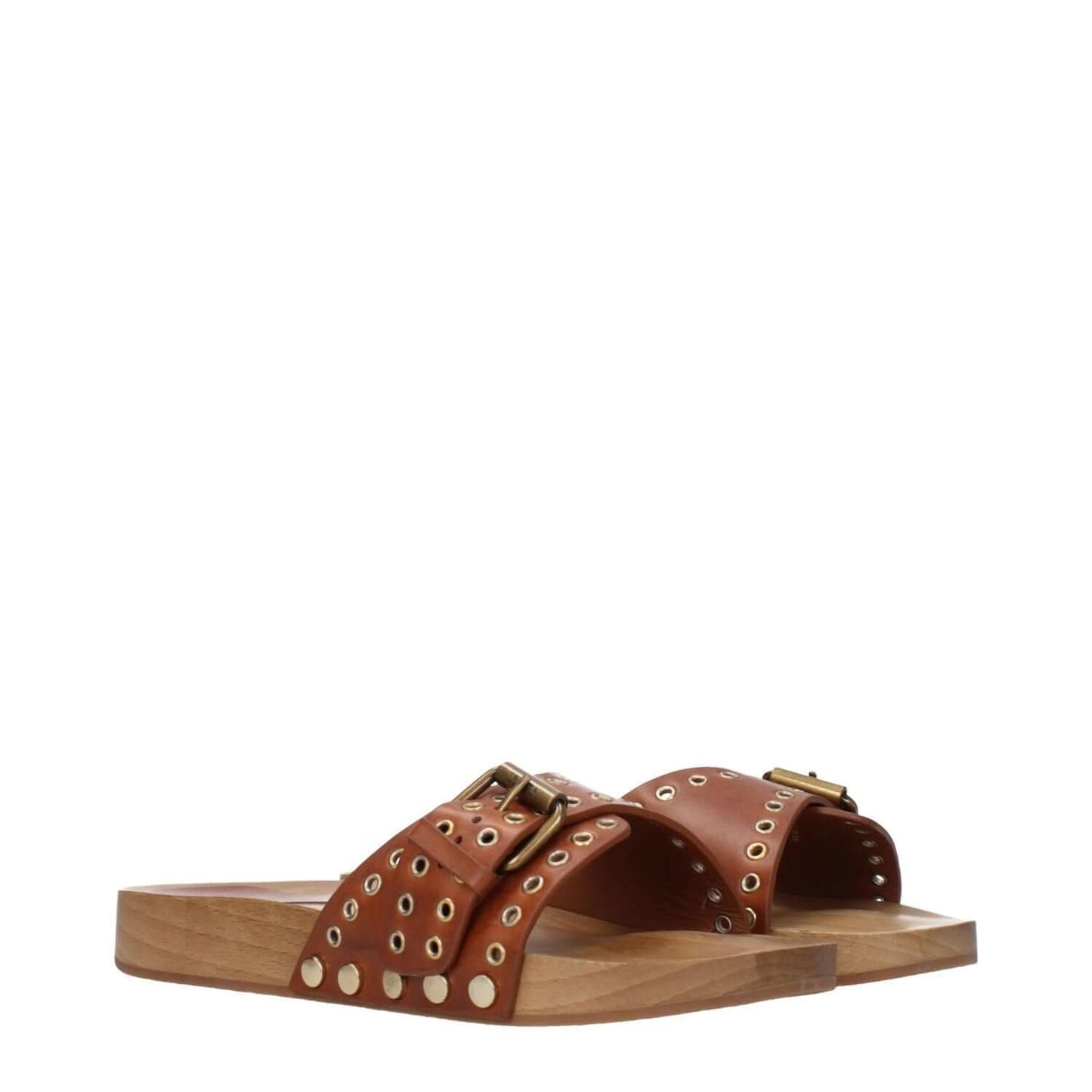 Isabel Marant Brown Leather Slippers with buckle closure, rubber sole, and open toe design in cognac color.