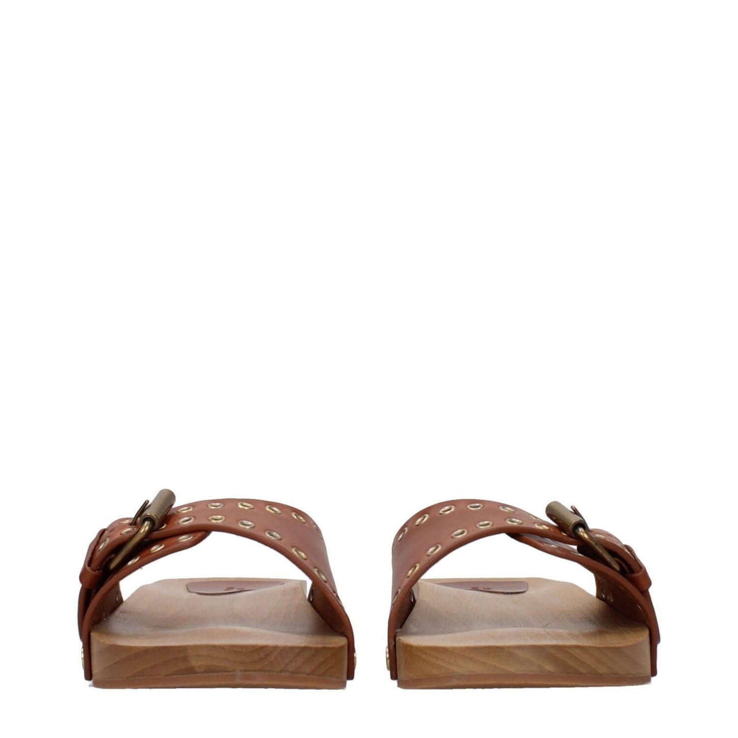 Isabel Marant Brown Leather Slippers with buckle closure, open toe, and rubber sole viewed from the back.