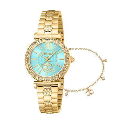 JUST CAVALLI TIME WATCHES Mod. JC1L273M0065 - Gold ladies wristwatch with turquoise dial and SS IP Gold strap, in official packaging.