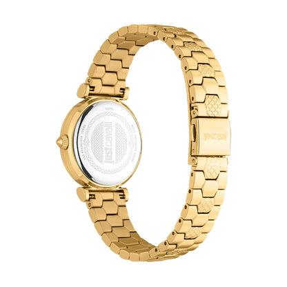 JUST CAVALLI TIME WATCHES Mod. JC1L273M0065 lady's wristwatch with IP gold SS case and strap, Seiko movement VJ20, back view.