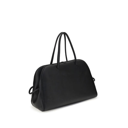 Jacquemus Black Calf Leather Bos Taurus Handbag with structured design and bow detail, perfect for stylish travel.