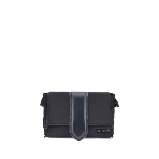 Jacquemus Black Nylon Handbag with leather handle and magnetic flap, featuring sleek design and multiple pockets for functionality.