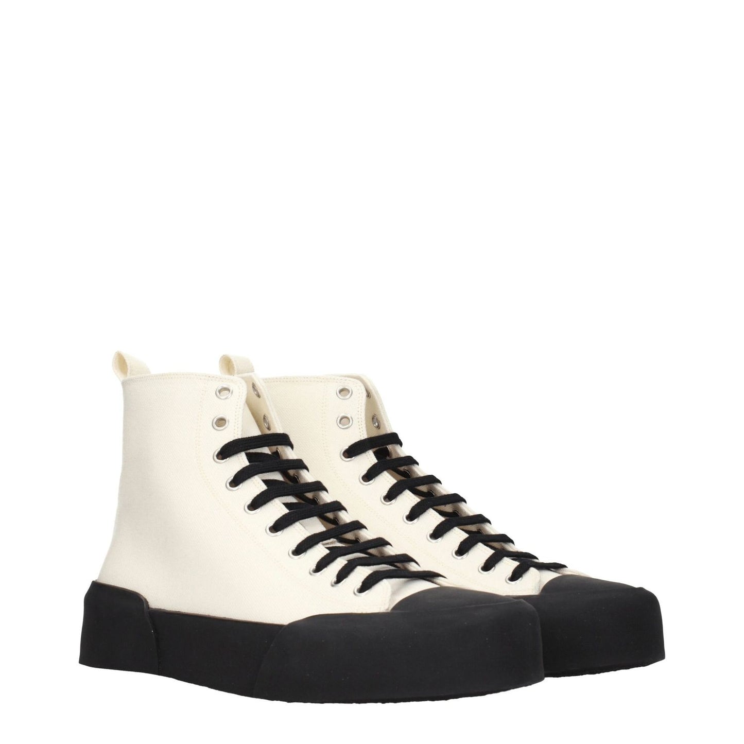 Jil Sander Beige Fabric High Top Sneakers with black rubber sole and lace-up closure, featuring a sporty glam style and mid heel.