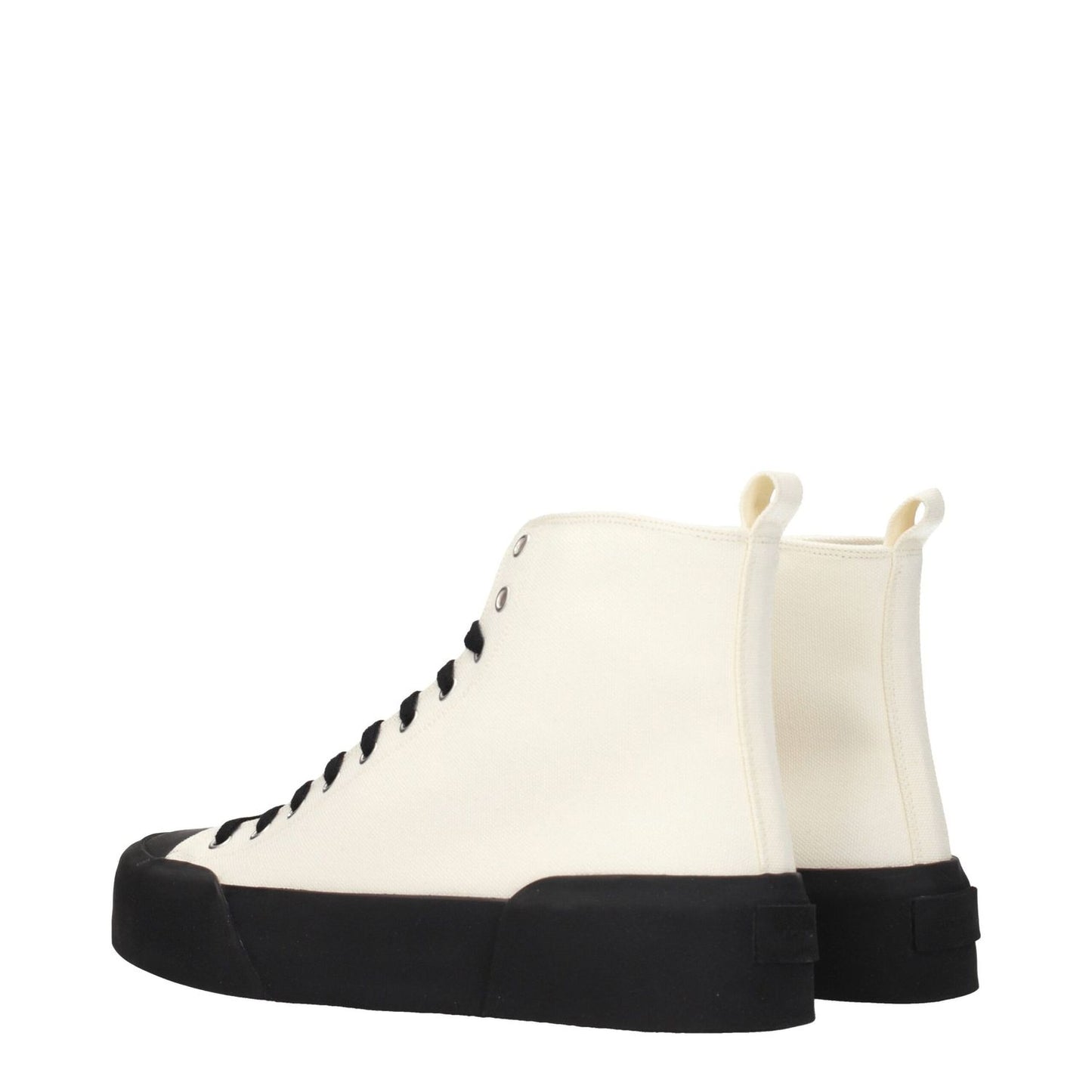 Jil Sander Beige Fabric High Top Sneakers with back logo, black rubber sole, sporty glam style, lace-up closure, 3.5 cm mid heels.