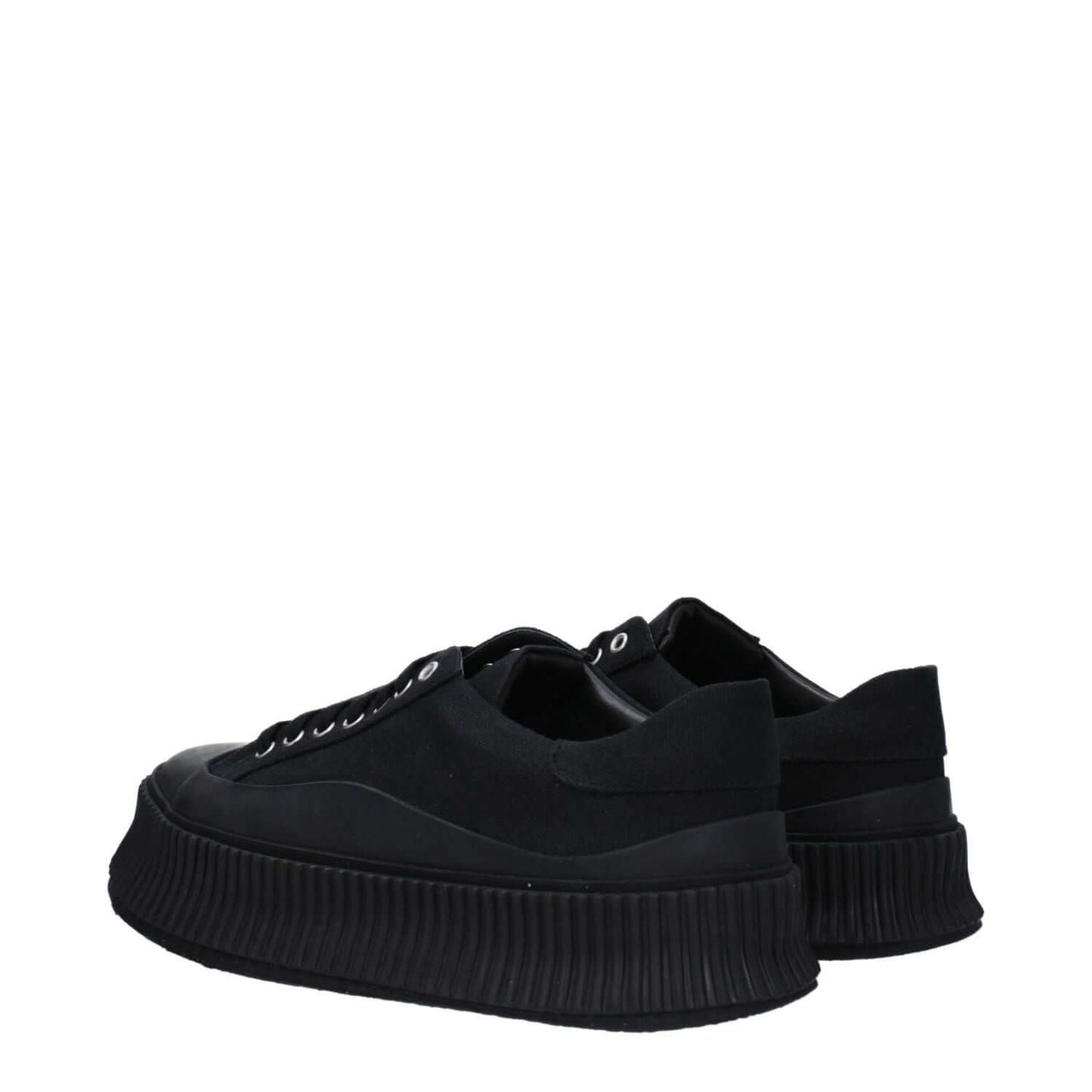 Jil Sander Black Fabric Platform Sneakers with rubber sole and round toe, side view of casual lace-up design.