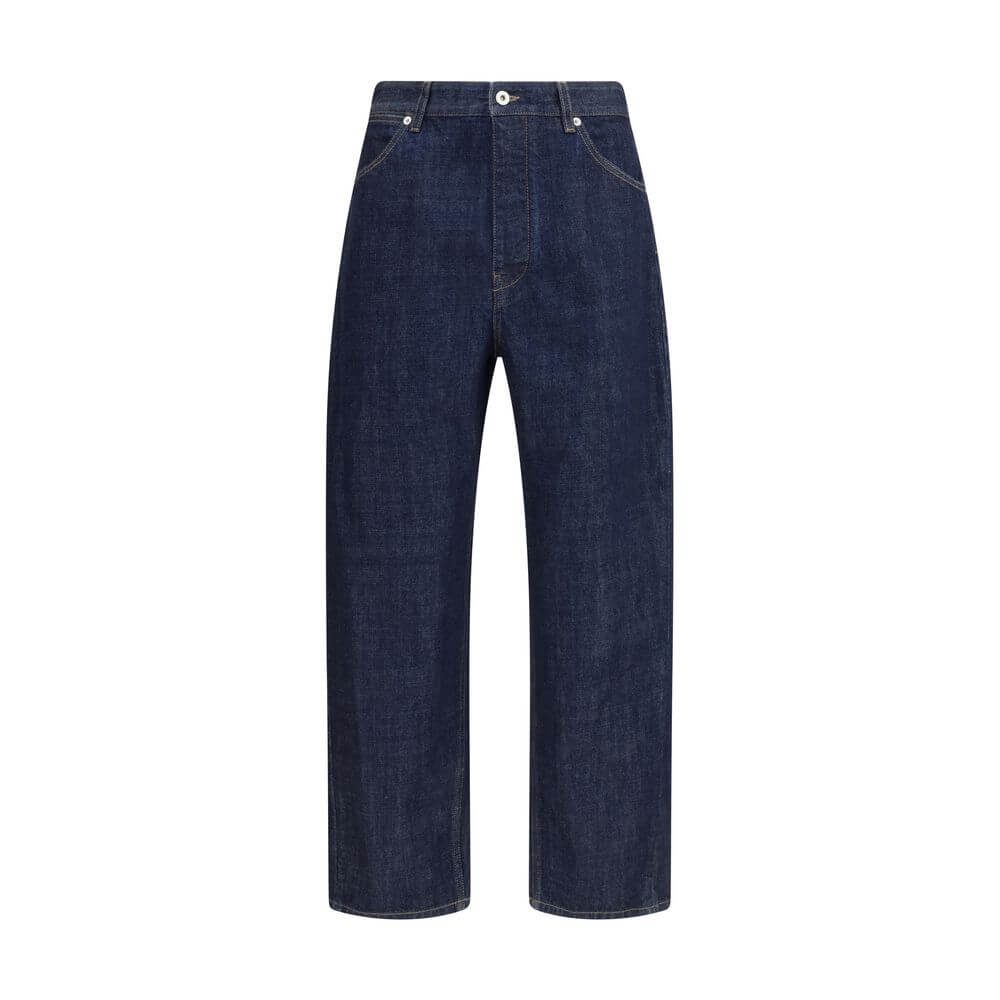 Jil Sander Blue Cotton Straight-Leg Jeans with five-pocket design, waist belt loops, and concealed button closure for minimal timeless look.