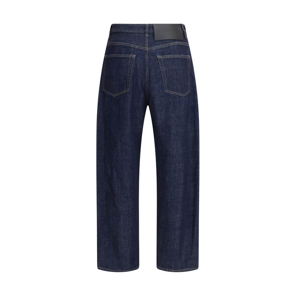 Back view of Jil Sander Blue Cotton Straight-Leg Jeans with a logo label and five-pocket design.