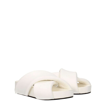 Jil Sander White Leather Slippers with open toe and mid heels, featuring vintage effect and optic white color, MPN J15WP0043P5057100.