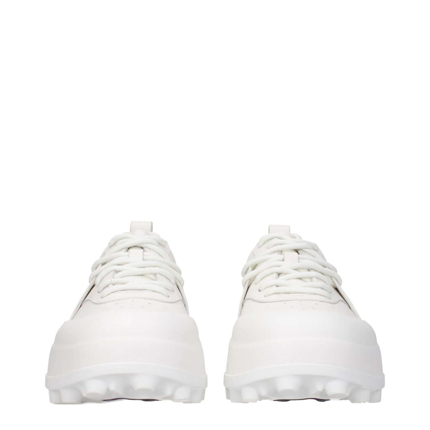 Jil Sander White Leather Sneakers with lace-up closure, rubber sole, mid heels, and round toe design. Sporty glam style.