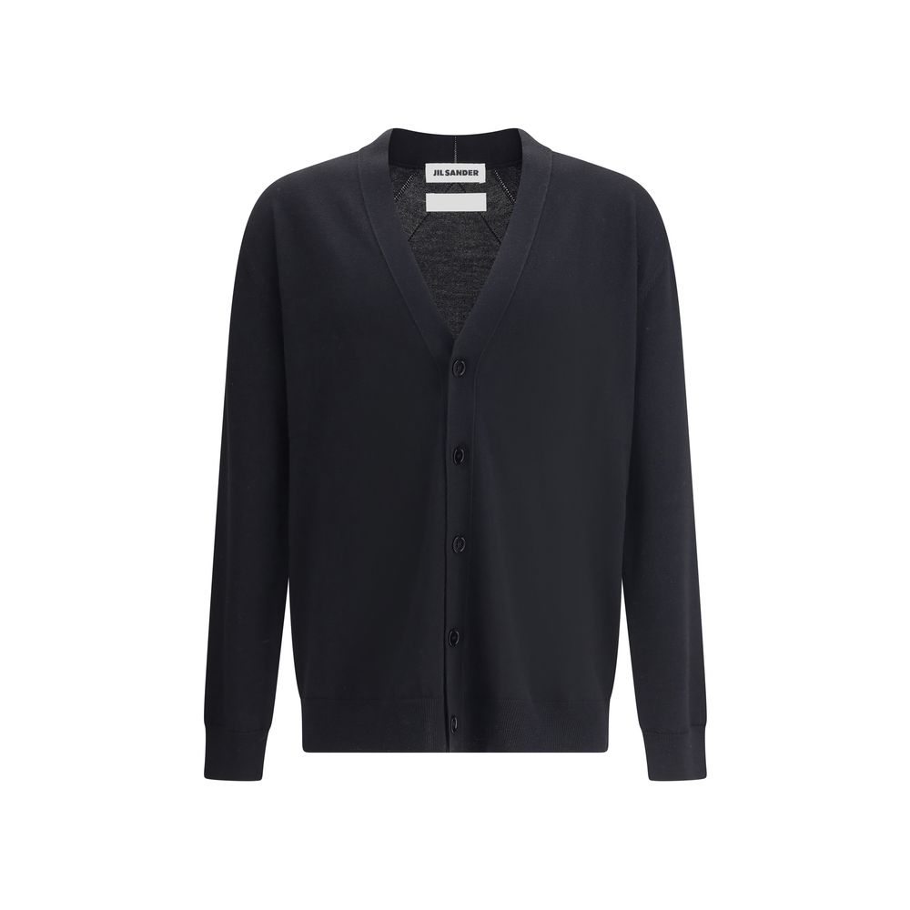 Jil Sander Wool Cardigan with V-neck, tone-on-tone button closure, ribbed cuffs and hem for minimalist elegance. Made in Italy, AW25.
