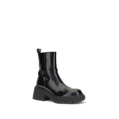 Jimmy Choo Black Calf Leather Bos Taurus Ankle Boots with patent-leather finish, lugged sole, and ankle buckle for contemporary style.