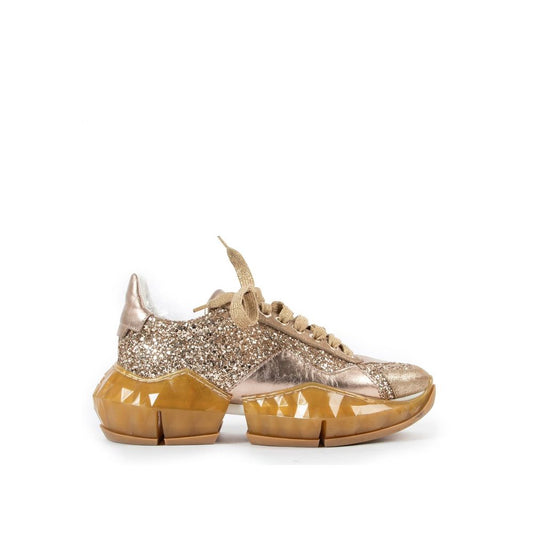Jimmy Choo Diamond Glittered Sneakers with almond toe, all-over glitter, sculpted sole, and lace-up closure, made in Italy.