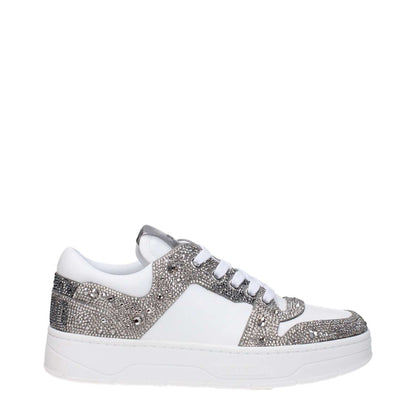 Jimmy Choo White Leather Chunky Sneakers with rhinestones and logos, lace-up closure, rubber sole, silver accents, side view.