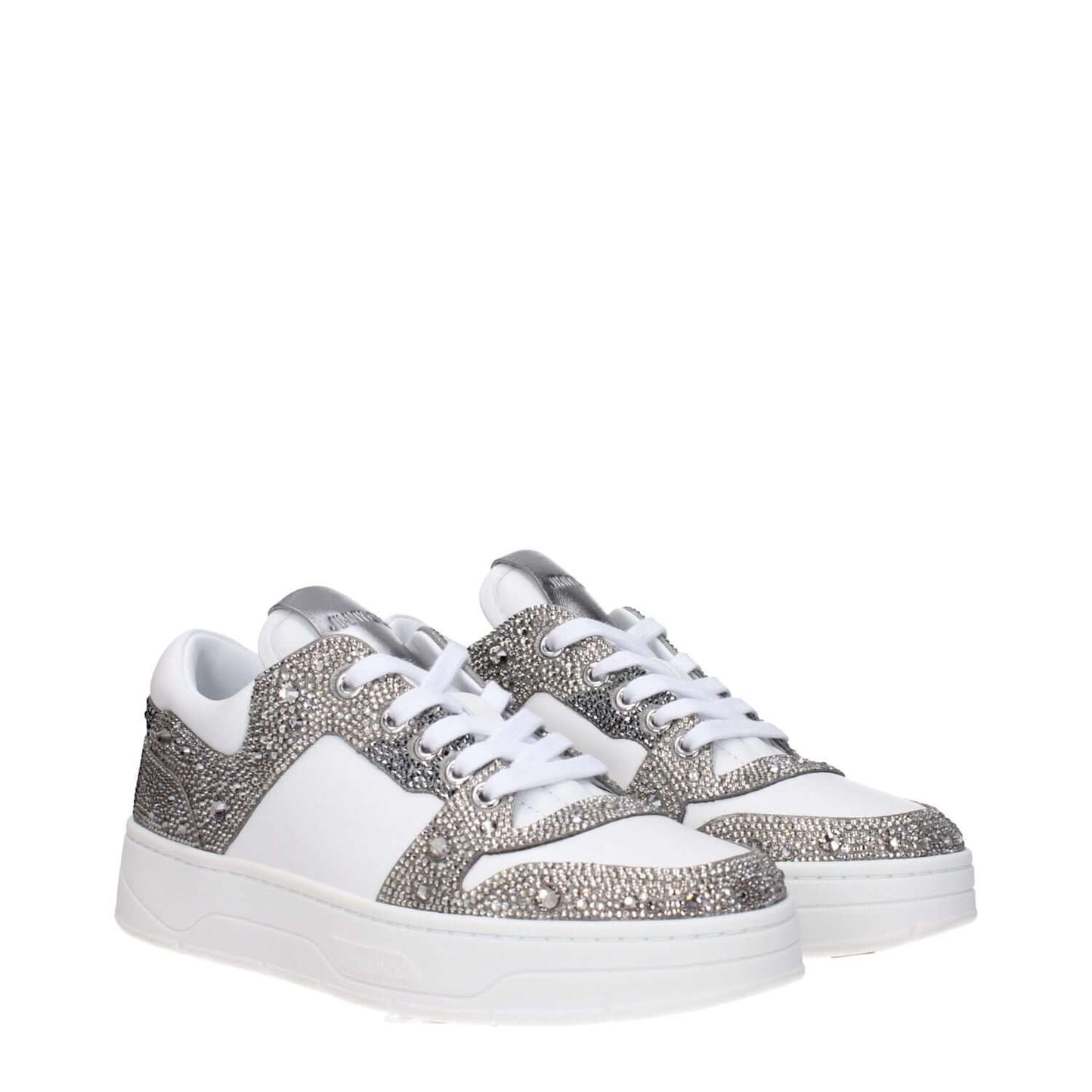 Alt Tag: Jimmy Choo White Leather Chunky Sneakers with rhinestone accents and logos, featuring a lace-up closure and silver highlights.