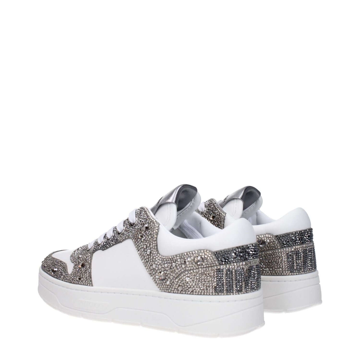 Jimmy Choo White Leather Chunky Sneakers with rhinestones and silver accents, lace-up closure, round toe, and rubber sole.