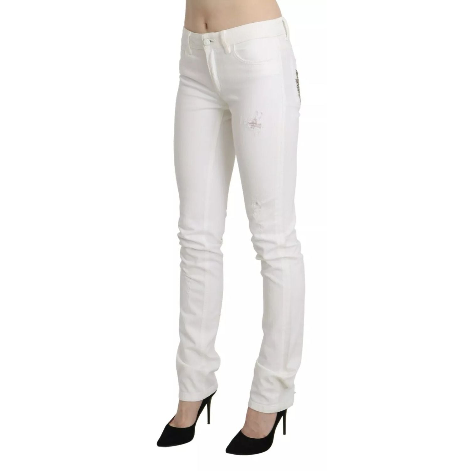 Just Cavalli White Cotton Slim Fit Mid Waist Skinny Trouser Jeans
