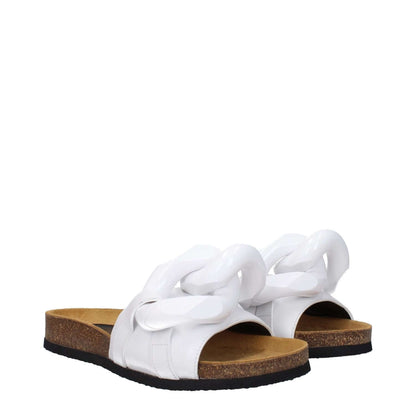 Jw Anderson White Leather Slippers with open toe and front detail, casual style, featuring low flat heel and rubber sole.
