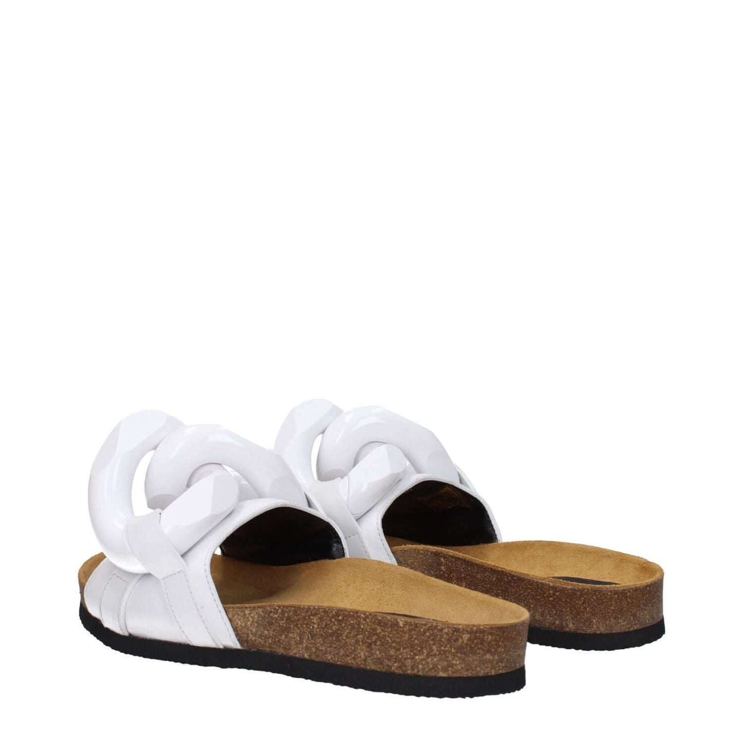 Jw Anderson White Leather Slippers with open toe, rubber sole, and front detail design, casual and low flat heel style.