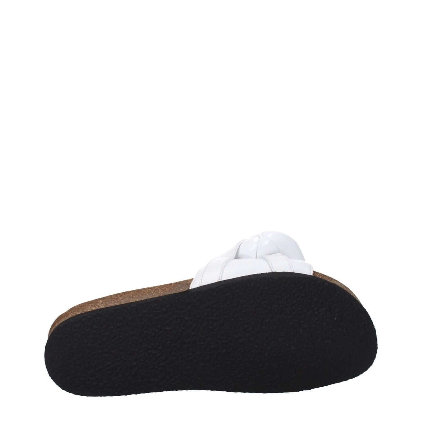 Jw Anderson White Leather Slippers featuring open toe and rubber sole, viewed from the bottom for a casual look.