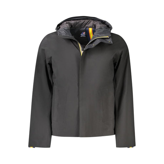 K-WAY Black Polyester Men Jacket with hood and double padding for warmth, featuring practical pockets for stylish comfort.