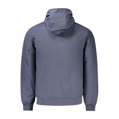 K-WAY Blue Polyamide Men Jacket with removable hood and padded design, showcasing the back view.