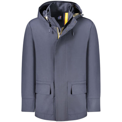 K-WAY Blue Wool Men Trench Coat with removable hood and multiple pockets, showcasing its functional and stylish design.