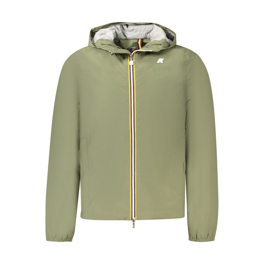 K-WAY Green Nylon Men Jacket with hood and zip, featuring contrasting details and logo.