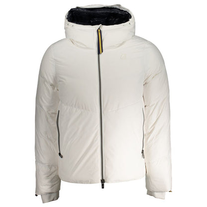 K-WAY White Polyester Men Jacket with long sleeves, goose down fill, and contrast zipper, showcasing warmth and style with branded logo.