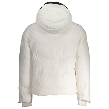 K-WAY White Polyester Men Jacket with hood, showcasing rear view of elegant outerwear design.