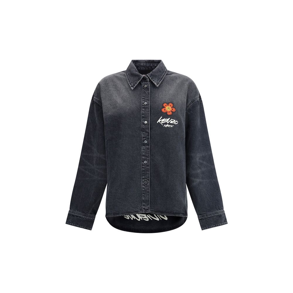 Kenzo Black Denim Shirt with Futura 2000 Boke Flower embroidery, Japanese bleach wash, AW25 oversize fit, cotton elastane blend.