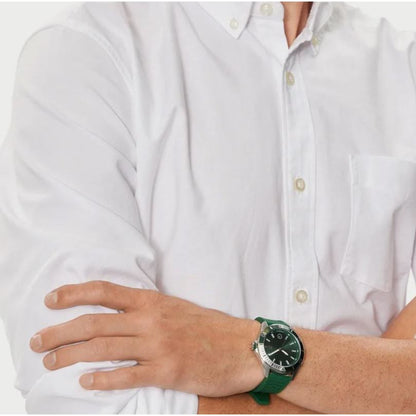 LACOSTE Mod. 2011263 watch on wrist, quartz analog, water resistant 5 ATM, mineral dial, 43 mm case, gent's bracelet in official packaging.