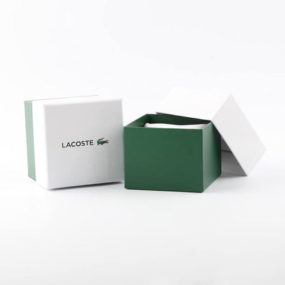 Official packaging box for LACOSTE Mod. 2011263 watch, showcasing elegant green and white design, perfect for gifting.