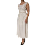 L'Autre Chose Ivory White Sleeveless Maxi Cupro Viscose Dress with draped waist and zipper closure.