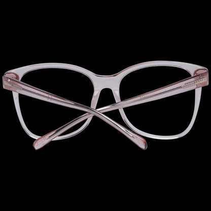 Stylish clear pink eyeglass frames with a unique design, suitable for a modern fashion look.