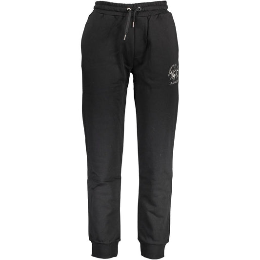 La Martina Black Cotton Pant with elastic waist, ankle, pockets, back pocket, logo embroidery, sports trousers.