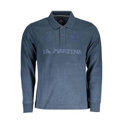 La Martina Blue Cotton Men Polo Shirt with dynamic print and embroidery.