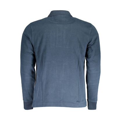 Back view of La Martina Blue Cotton Men Polo Shirt showcasing long sleeves and elegant style.